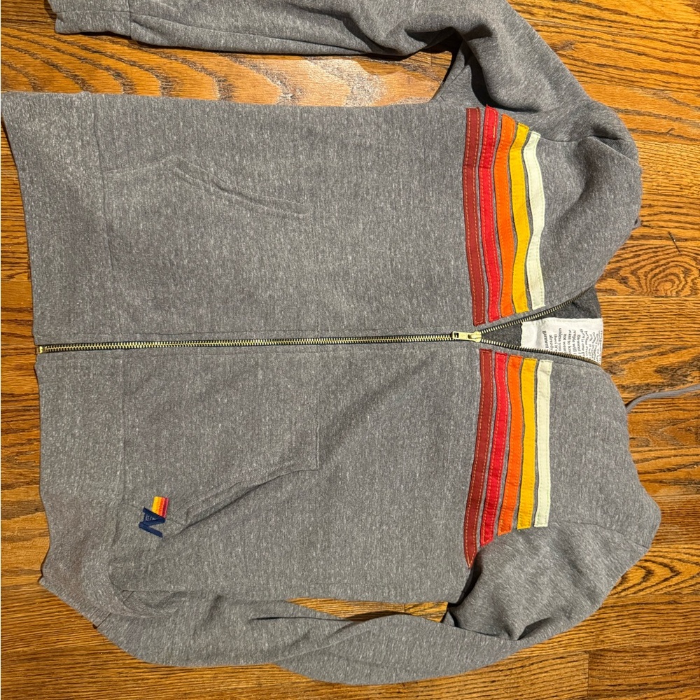 Aviator Nation Gray Zip Hoodie with Retro Yellow Orange red white stripes - Picture 12 of 14